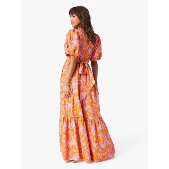 XiRENA Larkyn Cotton Maxi Dress Plunge V-Neck Puff Sleeve Size Medium Orange - Picture 2 of 11